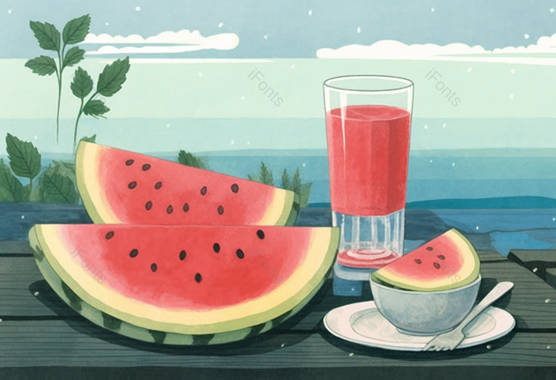 夏日海边里冰凉的西瓜放在桌面上欣赏海水的风景创意插画设计素材,插画/手绘图,插画/手绘图库,插画/手绘图下载,插画/手绘